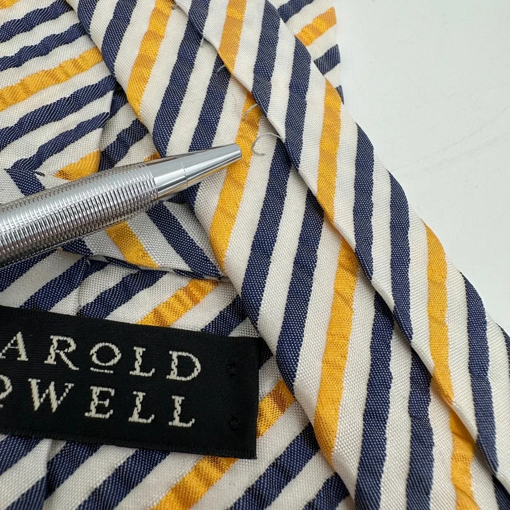 Harold Powell Seersucker Necktie Mens Navy Yellow Repp Striped Silk USA 58x3.5